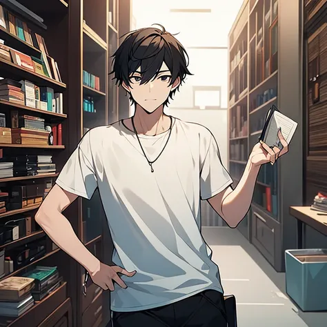 White-skinned man with black eyes.,Messy book style short black hair,He was wearing a white t-shirt.,Mid-length black shorts.,Friendly appearance