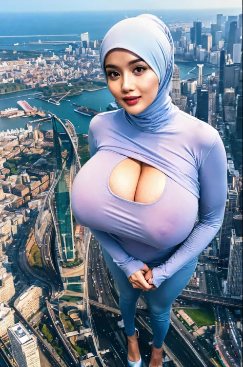 (Best quality, high resolution, masterpiece: 1.3), a beautiful malay woman in hijab, gigantic breasts, slim figure, sweatshirt, beautifully presented details in the street and facial and skin texture, detailed eyes, double eyelids, big eyeschest visible, s...