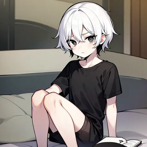 White-skinned teenager with black eyes, short black messy book-style hair, He was wearing a white t-shirt, black mid-length shorts, friendly appearance