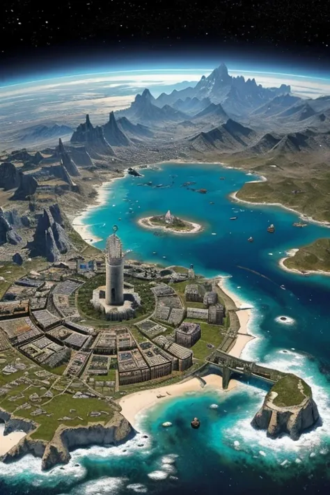 Continent surrounded by seas and beaches, medieval kingdom, ancient fantasy, highly detailed map, Height Map, centralized monument made of stones and runes, with many houses, fauna and flora, bridges, stairs. Isometric camera view, A world of ice around su...