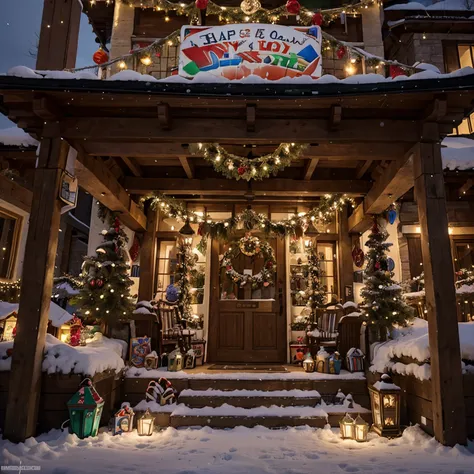 Snuggery,decorated with New Year&#39;s toys,village decorated with toys.