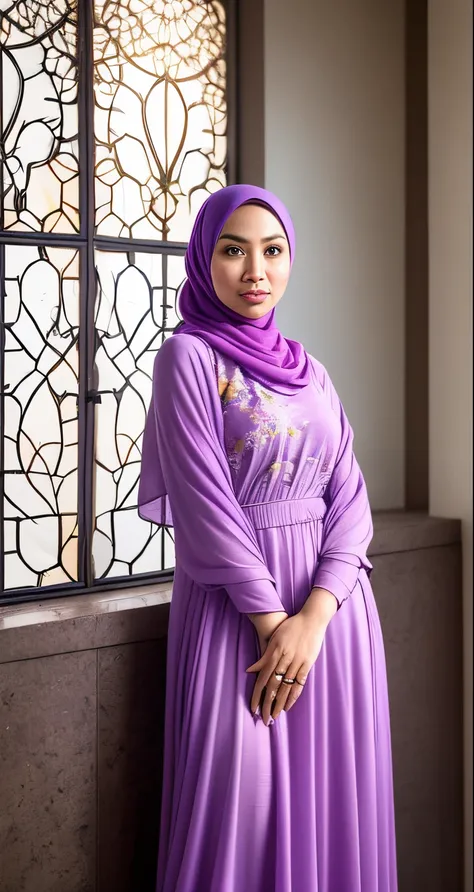 Craft an outstanding portrait that celebrates the beauty and individuality of a Malay girl in a lilac hijab and wear floral baju kurung. Showcase her personality and story through creative composition and lighting. Use natural light or unique artificial li...