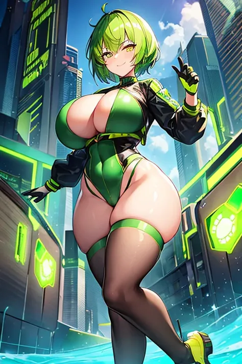 1girl, large breasts, wide hips, thick thighs, green hair, very short hair, short hair, yellow eyes, bikini, black bikini, neon trim, smile, smirk, smug, futuristic, science-fiction, tech, shoes, sneakers, green trim, black clothes, race queen, bodysuit