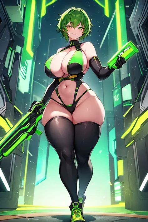 1girl, large breasts, wide hips, thick thighs, green hair, very short hair, short hair, yellow eyes, bikini, black bikini, neon trim, smile, smirk, smug, futuristic, science-fiction, tech, shoes, sneakers, green trim, black clothes, race queen, bodysuit