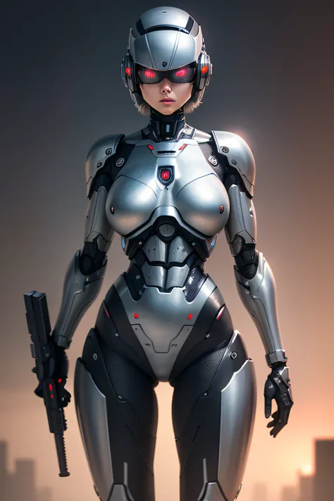 A woman transformed into RoboCop　Metallic body　Holding a gun, Glowing eyes, nffsw, retinas, masutepiece, ccurate, Anatomically correct, Textured skin, Super Detail, high details, High quality, Best Quality, hight resolution