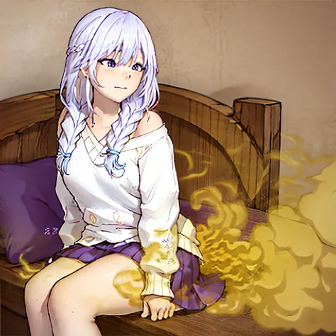 masterpiece, best quality, 1girl, solo, closed mouth, white colored hair, white braided long flowy hair, sleepy face, slightly blush, curvy, petite body, bedroom, sitting, hands rubbing the eye, raising a leg, farting, yellow gas:1.2), purple eyes, off-sho...