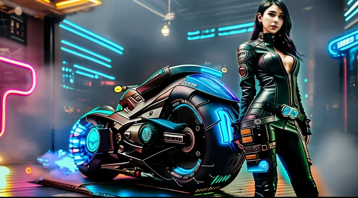 there  a woman in a leather outfit standing next to a motorcycle, sitting on cyberpunk motorbike, cyberpunk 2 0 y. o model girl,...