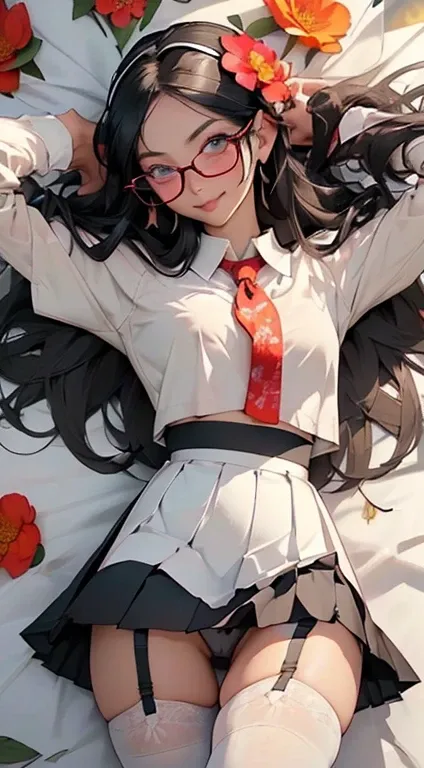 (Black Long Hair)、 (A detailed eye、二重まぶた、eye glasses、A slight smil、Open mouth and happy smile)、 (School Uniforms:1.3)、(tight mini pleated skirt:1.3)、(Skirt lift:1.3)、(Show white sexy panties:1.2)、(Black garter belt:1.3)、(Black thigh socks:1.3)、 ((Medium ch...