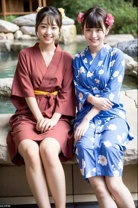 2 girls in hot spring,floral yukata,hair accessories,18-year-old,bangs,a little smile,thighs,crotch,knees,short cut hair,low poneytail,from below