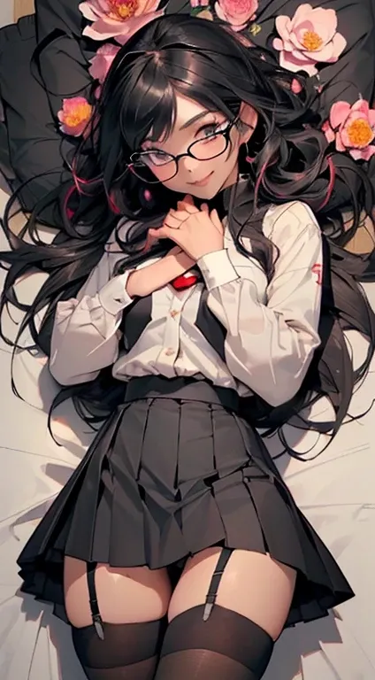 (Black Long Hair)、 (A detailed eye、二重まぶた、eye glasses、A slight smil、Open mouth and happy smile)、 (Take off your school uniform:1.3)、(black tight mini pleated skirt:1.3)、(Skirt lift:1.3)、(Show white sexy panties:1.2)、(Black garter belt:1.3)、(Black thigh sock...