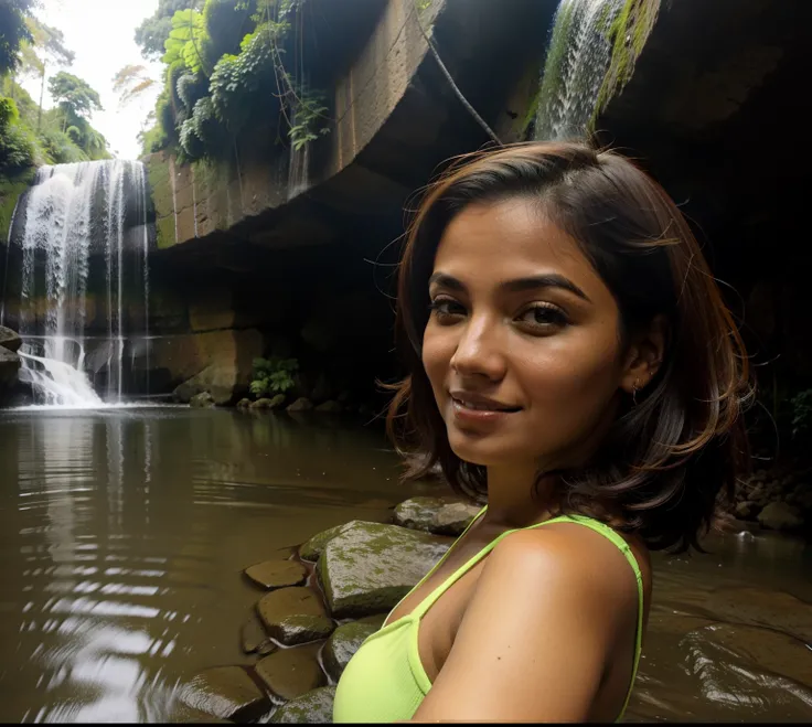 Mulher bonita latina cabelo cacheado, tirando selfie, cachoeira de fundo, brazi, grama verde, tempo nublado, detalhado