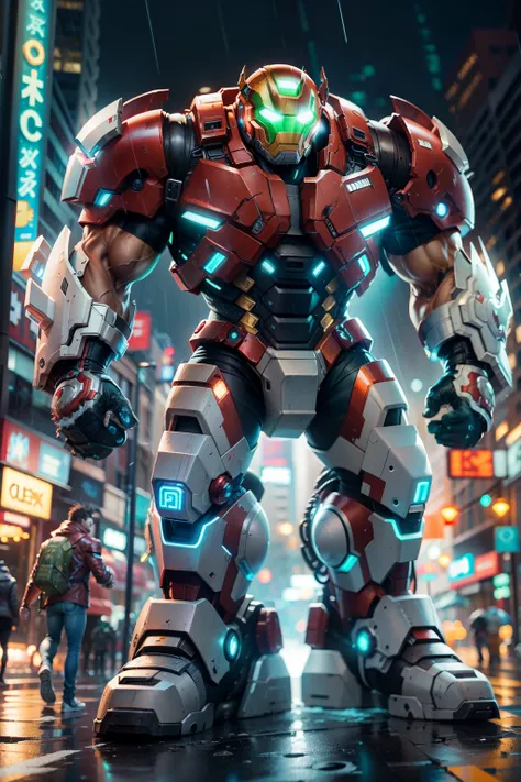 Android like mix of metal skin panic madox-01 and marvels hulkbuster, full white color at a city downtown with much neon light in a raining night