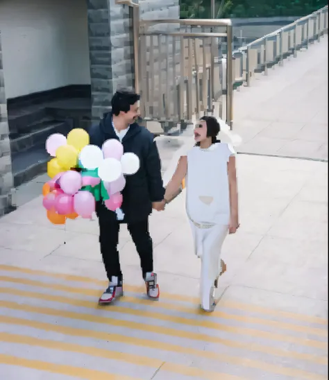 husband and wife，Hands in white shirt in armory，Girls all wear white clothes，With a bunch of balloons in his hand，Happy expression，The boy glanced back at the girl，Positive point of view，Higher quality，8K