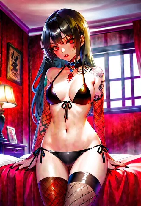 best quality ,magnificent, dark shadowy night, gothic mansion bedroom illuminated by a single candle beautiful gothic Asian vampire woman with yakuza style tattoo all over her body  wearing black and red leather thong bikini and black fishnet stockings wit...