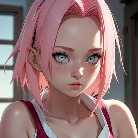 young woman, porcelain skin, short bubblegum pink hair, wide forehead, thin pink eyebrows, big emerald green eyes, buttoned nose, big peach lips, heart-shaped face, long thin neck, red clothes, bare shoulders, Sakura Haruno black, realism, 3d, sunset