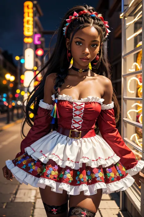 mrs clause black girl, long braided hair, frills, ribbons, floral embroidery, neon rainbow