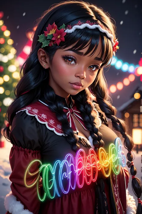 mrs clause black girl, long braided hair, frills, ribbons, floral embroidery, neon rainbow, Christmas setting, snow falling,