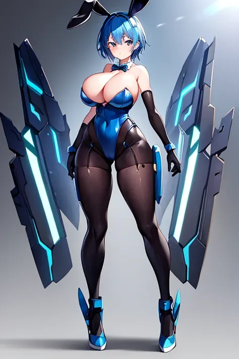 1girl, blue hair, large breasts, bunny ears, rabbit ears, wide hips, bodysuit, black bodysuit, short hair, very short hair, science-fiction, tech, futuristic, machinery, full body, ((full body)),