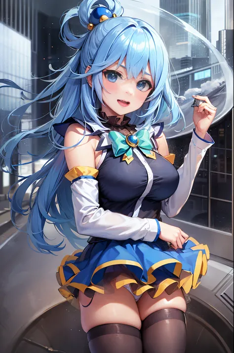 、anime screen cap、Anime coloring、1girl in, length hair, 独奏, blue hairs, blue eyess, open open mouth, Sleeve launched, plein air, skirt by the, thighs thighs thighs thighs,,Naughty big、Big breasts emphasis 、hair rings, Skysky,  tag, hair adornments, ​​cloud...