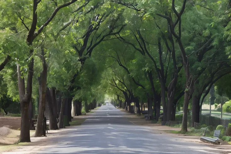 namee trees line the road in the middle of a park with benches, green alley, road between tall trees, big green trees, green alleys, bangalore, lots of trees, trees, green trees, looking down road, beautiful trees, linden trees, amidst of nature fully cove...