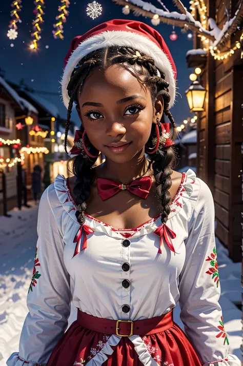 mrs clause African girl, long braided hair, frills, ribbons, floral embroidery, neon rainbow, Christmas setting, snow falling,