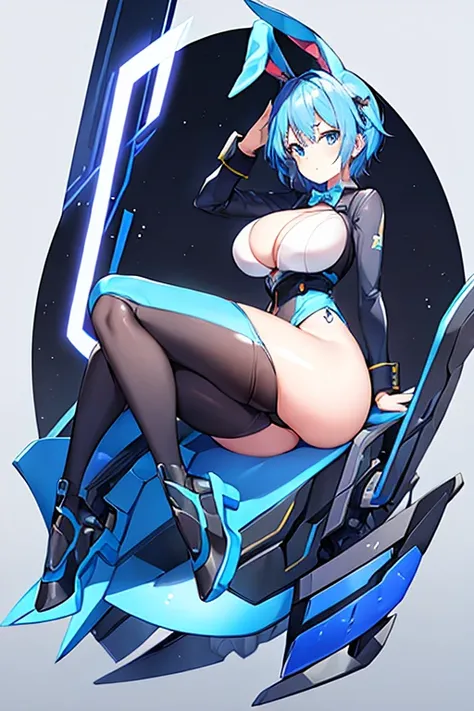 1girl, blue hair, large breasts, bunny ears, rabbit ears, wide hips, bodysuit, black bodysuit, short hair, very short hair, science-fiction, tech, futuristic, machinery, full body, ((full body)),