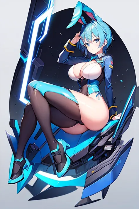 1girl, blue hair, large breasts, bunny ears, rabbit ears, wide hips, bodysuit, black bodysuit, short hair, very short hair, science-fiction, tech, futuristic, machinery, full body, ((full body)),