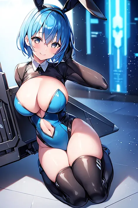 1girl, blue hair, large breasts, bunny ears, rabbit ears, wide hips, bodysuit, black bodysuit, short hair, very short hair, science-fiction, tech, futuristic, machinery, full body, ((full body)), smile, light smile