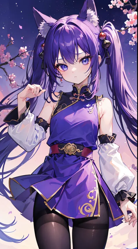 (8K、Top image quality、top-quality、​masterpiece)、A detailed face、1 loli、Purple hair twin tails、Fox ears、blue eyess、expressionless、Smaller chest、purple chinese clothes、sleeveless、side slit、((black pantyhose))、cowboy  shot、Taken from below、natta、Chinatown bac...