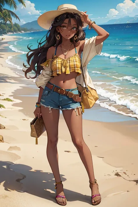 Harper is a dark skinned teenage girl with a medium build, and her eyes are brown to yellow in color. Her makeup consists of sand colored eyeshadow and her lips are a brown nude color, while her hair is a long sand colored and is styled into tight curled b...