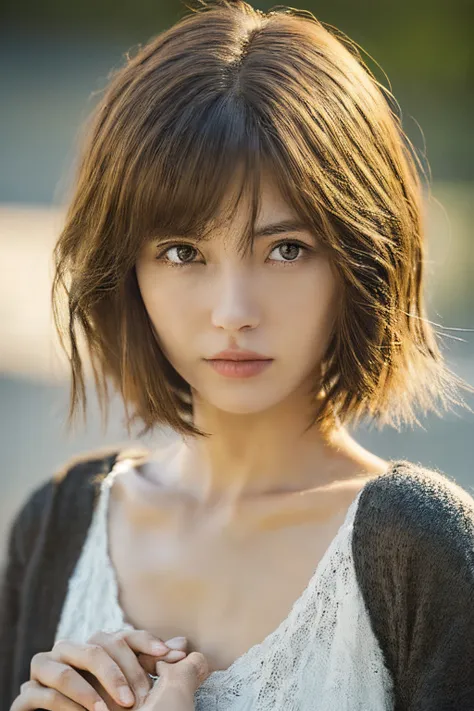 (masuter piece:1.3)、(8k、Photorealsitic、RAW Photography、top-quality: 1.4)、(1girl)、美丽的面容、(lifelike face)、(Brown hair、short-hair:1.3)、Beautiful hairstyle、realisticeyes、Beautiful details、（real looking skin）、Beautiful skins、（Sweaters）、absurderes、enticing、超A hig...