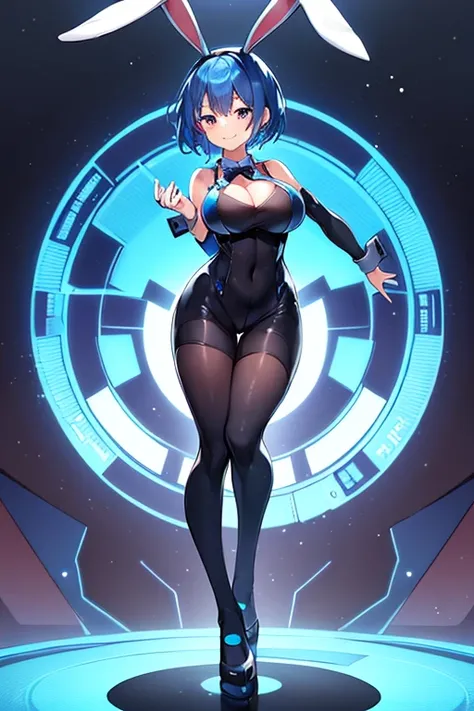 1girl, blue hair, large breasts, bunny ears, rabbit ears, wide hips, bodysuit, black bodysuit, short hair, very short hair, science-fiction, tech, futuristic, machinery, full body, ((full body)), smile, light smile, standing