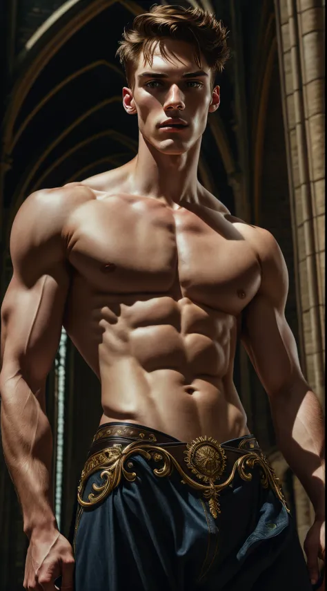 (extremely detailed 8k wallpaper), a medium shot shot of a young male model, blue eyes, brown hair, strong jawline, fearful, intricate, high detail, dramatic, fit body, which tall, full body, prince aesthetic, gothic architecture, shirtless,