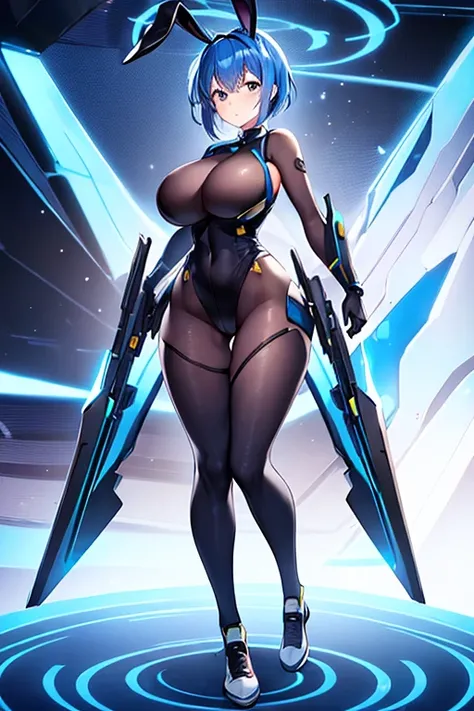 1girl, blue hair, large breasts, bunny ears, rabbit ears, wide hips, bodysuit, black bodysuit, short hair, very short hair, science-fiction, tech, futuristic, machinery, full body, ((full body)), standing