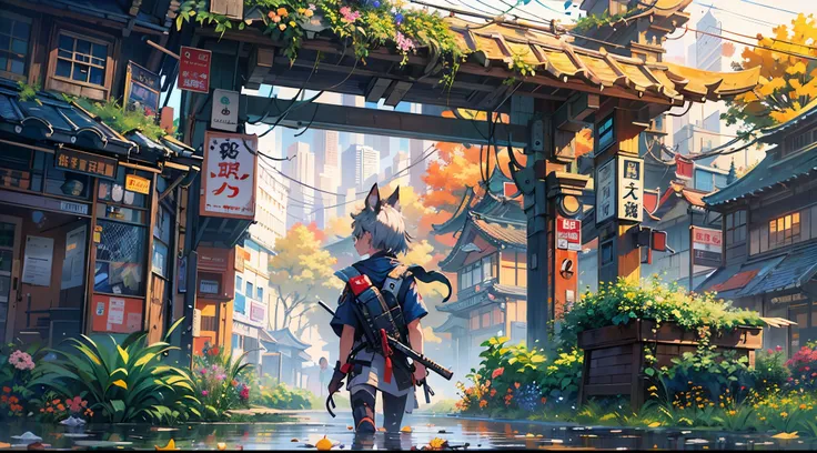 1boy,Mans ,Cyberpunk Boy、katanas,machine gun、Cats ears、silber hair、poneyTail、The beginning of the adventure、during daytime、Into the cloud、ruined and devastated city、Complex Japan buildings、temple,railroad crossing、Bus stop、Trees、Warm lighting、puddles、Good ...