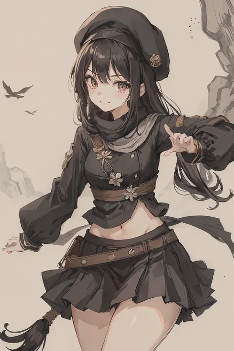 sparrow, a black haired girl, wearing a bandit clothes, long hair, hair, black skirt, black bandit uniform, slim body, , curious face, praying pose, seductive smile, mini skirt, white beret, medium breasts,