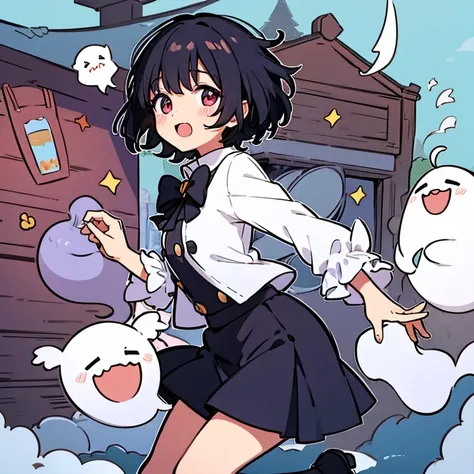 A ghost girl, who wears a cute outfit with a short fluffy skirt, has fluffy short black hair, redish eyes