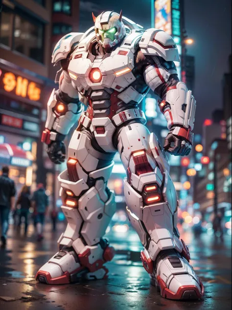 Android like mix of metal skin panic madox-01 and marvels hulkbuster, full white color at a city downtown with much neon light in a raining night