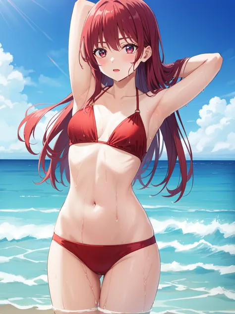 1girl, saki saki, long hair, bangs, (red eyes:1.3), red hair, (blush:1.2),
BREAK (red bikini:1.2), small breasts, Naked, Exposed skin, (Wet skin:1.5), (arms behind head, armpits),
BREAK (sea:1.2), beach, (solar:1.2), morning,
BREAK looking at viewer, (cowb...