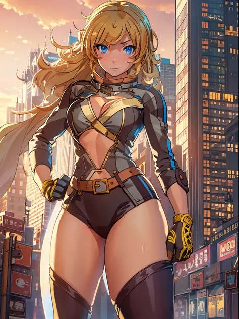 1girl, medium breasts, leotard, bare legs, gloves, boots, superhero, standing, hands on hip, city backdrop, (beautiful detailed eyes:1.6), (perfect hands, perfect anatomy), yang xiao long, serious, medium hair