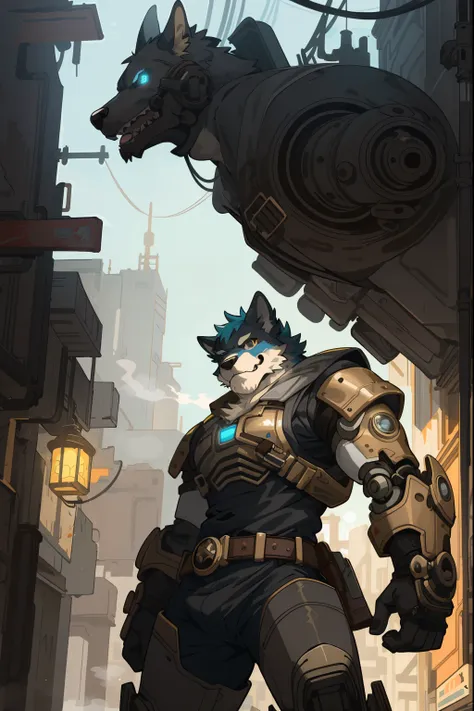 cover page, highres, top quality, best quality, paid reward available, unparalleled masterpiece, perfect artwork, absurdres, High-quality illustrations by Johannes Vermeer, Dark_Fantasy, Cyberpunk, steam punk(super handsome boy, single, kemono)Mechanical m...