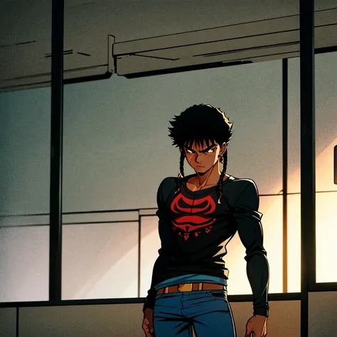 1980’s Anime Style, Dark Anime, Dark Anime Sci-Fi, solo, 1characterYoung African Cyborg Boy, Face tattoos,black hair. Short hair. Dreads,slim body figure.baggy jeans,wearing small Tshirt, holding katana, Angry Face, Abandoned mall, dark shaded area, dark l...