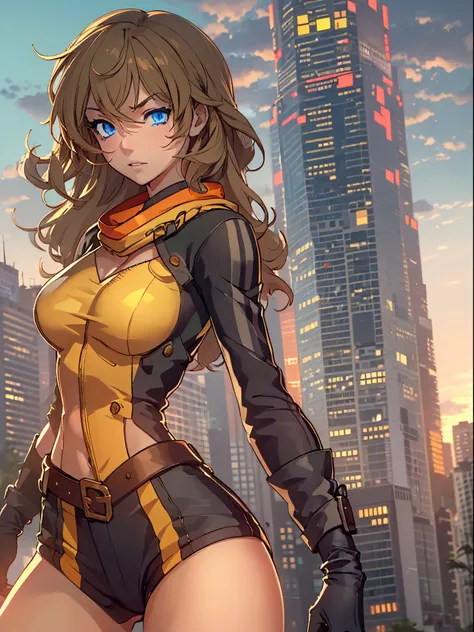 1girl, medium breasts, leotard, bare legs, gloves, boots, superhero, standing, hands on hip, city backdrop, (beautiful detailed eyes:1.6), (perfect hands, perfect anatomy), yang xiao long, serious, medium hair