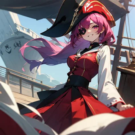 Houshou Marine、hololive、Virtual Youtuber、28 year old、femele、独奏、Perfect fingertip、perfect arms、large full breasts、Horror style、Magenta hair color、Black leather eyepatch on left eye、Red right eye、Crazy smile、red and white lolita dress、pirate ship captain、Hii...