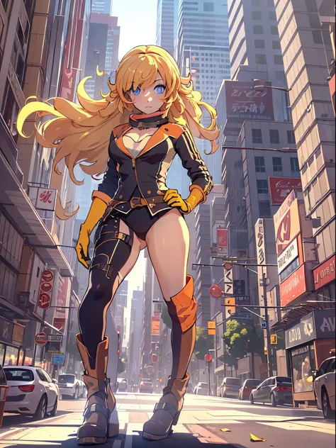 1girl, medium breasts, leotard, bare legs, gloves, boots, superhero, standing, hands on hip, city backdrop, (beautiful detailed eyes:1.6), (perfect hands, perfect anatomy), yang xiao long, serious, medium hair