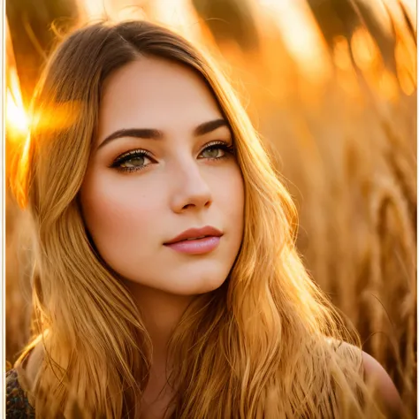 Arafed woman with long hair, standing in a wheat field, Soft lighting of the golden hour, Bathed in golden light, Beautiful backlit face, Soft golden light, Beautiful portrait lighting, Sunny Amber Morning Light, The Light of the Golden Hour, beautifully s...