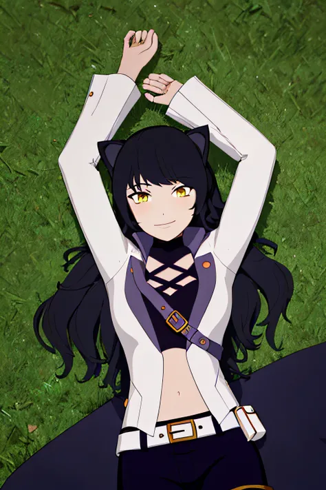 ((masterpiece,best quality)), 
Blake_RWBY,   1girl, solo, black hair, long hair, cat ears, animal ears, yellow eyes,
 belt, midriff, pants, jacket, 
solo, smiling, looking at viewer, solo, smile, cowboy shot, lying, on back, on grass, arms up, blue pants. ...