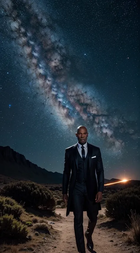 handsome black man with no hair in a sci fi location with the stars and galaxy behind him