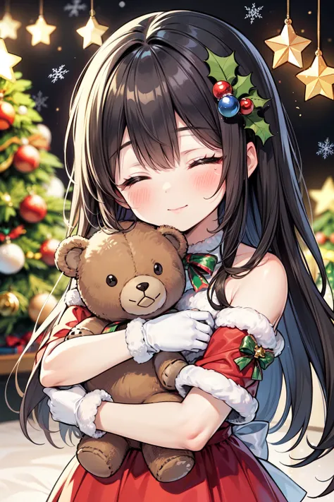 cute girl, hug, teddy bear, happy, closed eyes, (perfect detailed face), long hair, elaborately designed clothes, (puffy gloves)...