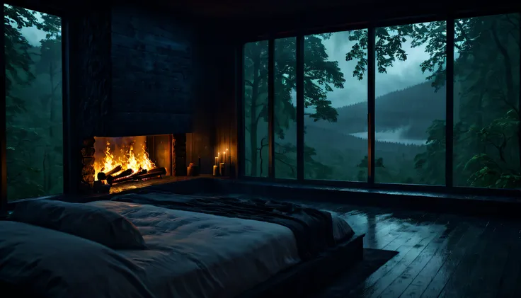 bedroom view with fire in the fireplace in the room, large windows overlooking the forest, quiet night. original image, rainy da...